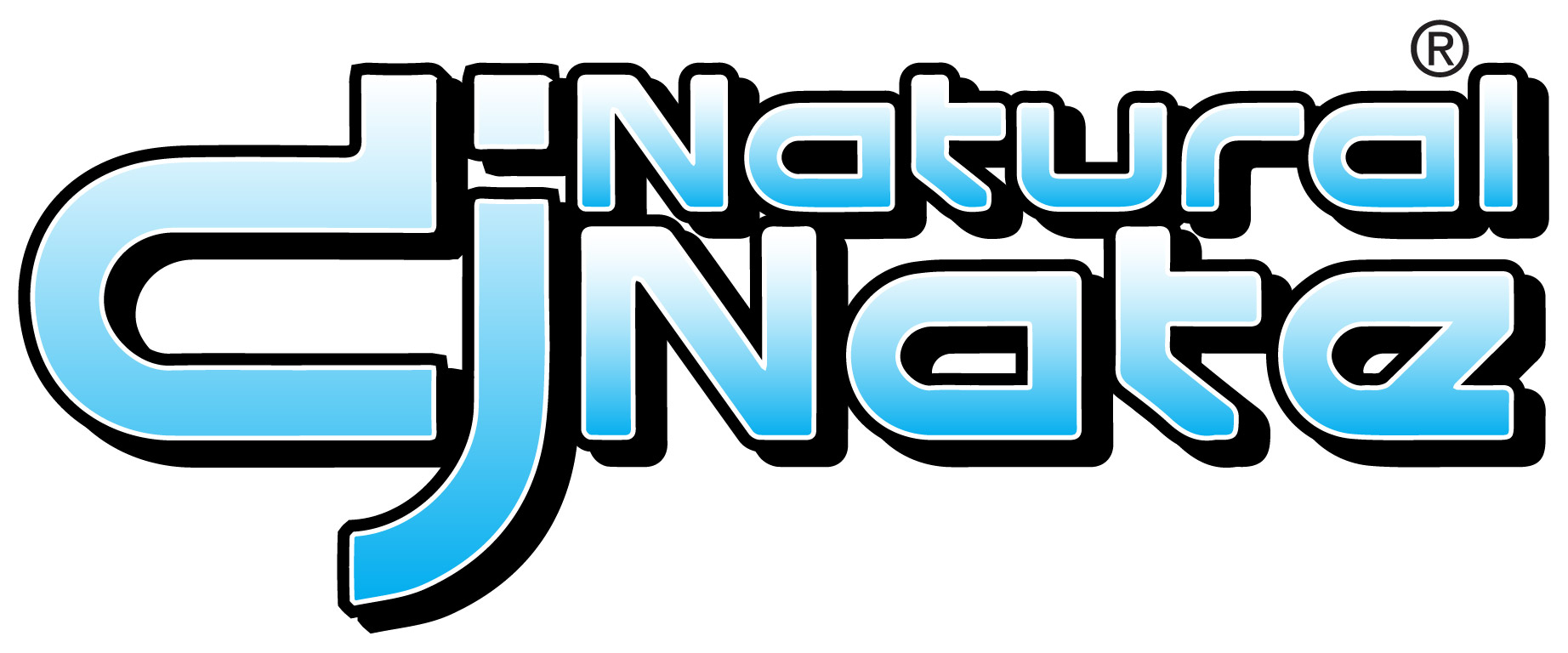DJ Natural Nate® cyan bubble logo, rounded bubbly lettering with black outline, light blue gradient fill and registered trademark